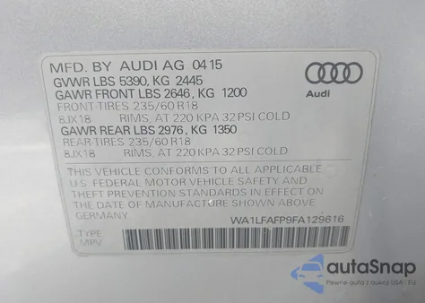 2015 Audi Q5 2.0T Premium from USA, damaged, VIN WA1LFAFP9FA129616